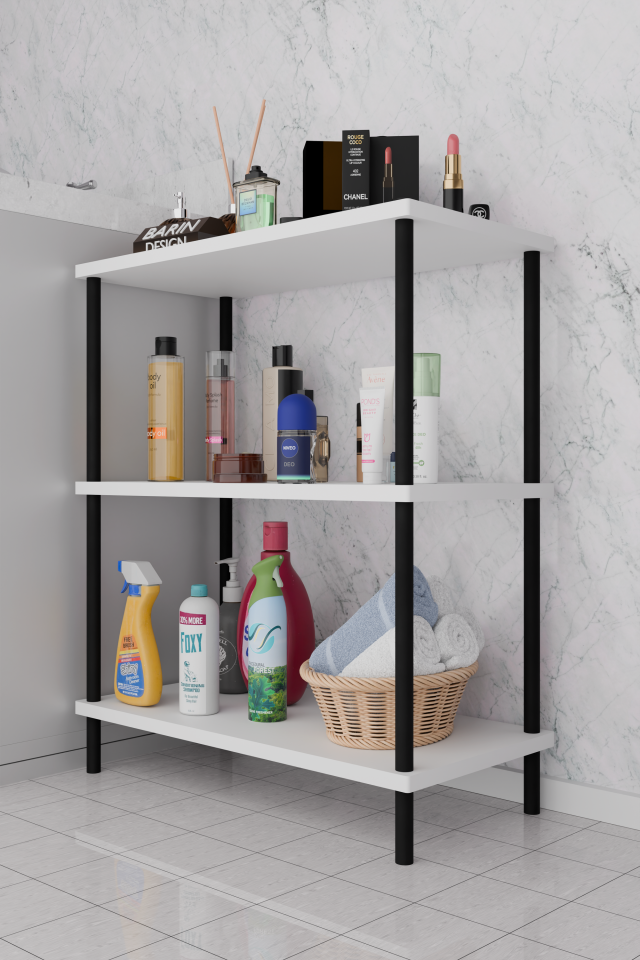 3 Raflı Çevir Kur Banyo Rafı Çok Amaçlı Düzenleyici Açık Raflı Dolap, Metal Gövdeli Organizer Raf Beyaz