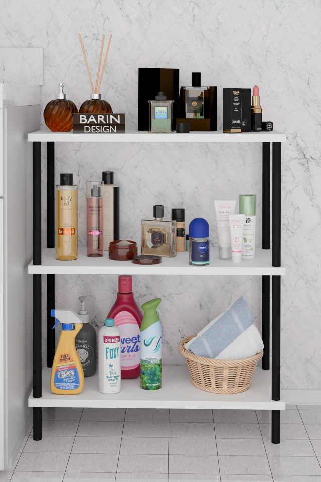 3 Raflı Çevir Kur Banyo Rafı Çok Amaçlı Düzenleyici Açık Raflı Dolap, Metal Gövdeli Organizer Raf Beyaz