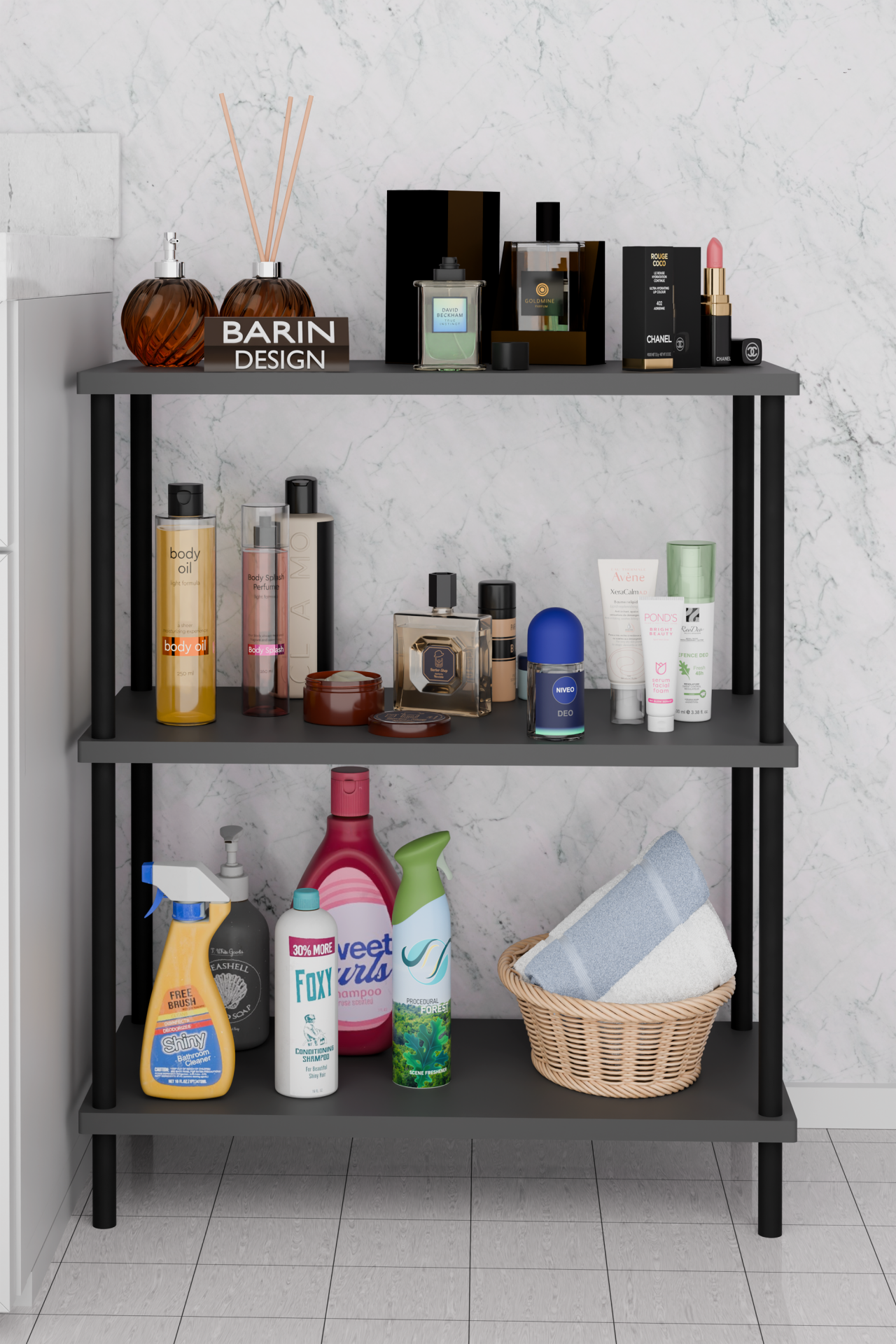 3 Raflı Çevir Kur Banyo Rafı Çok Amaçlı Düzenleyici Açık Raflı Dolap, Metal Gövdeli Organizer Raf Antrasit