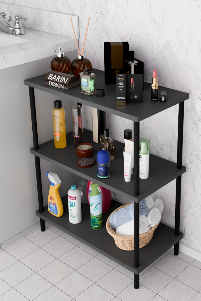 3 Raflı Çevir Kur Banyo Rafı Çok Amaçlı Düzenleyici Açık Raflı Dolap, Metal Gövdeli Organizer Raf Antrasit
