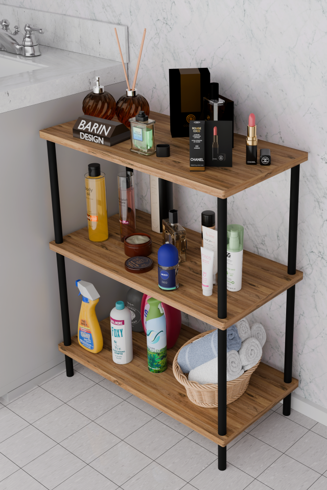 3 Raflı Çevir Kur Banyo Rafı Çok Amaçlı Düzenleyici Açık Raflı Dolap, Metal Gövdeli Organizer Raf Atlantik Çam