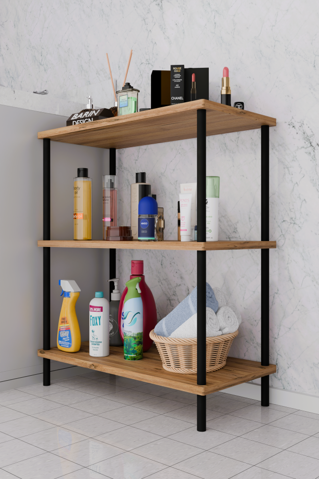 3 Raflı Çevir Kur Banyo Rafı Çok Amaçlı Düzenleyici Açık Raflı Dolap, Metal Gövdeli Organizer Raf Atlantik Çam