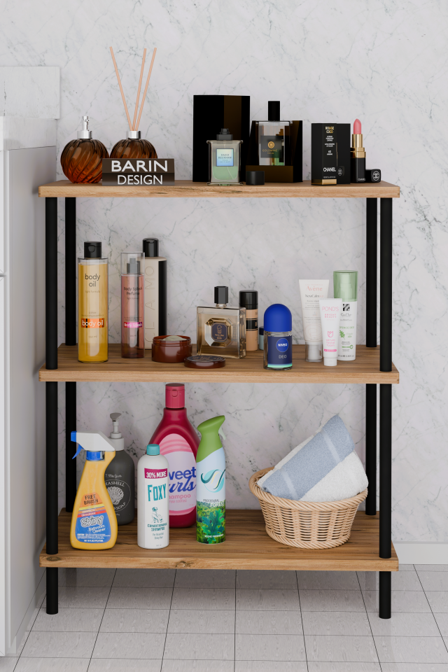 3 Raflı Çevir Kur Banyo Rafı Çok Amaçlı Düzenleyici Açık Raflı Dolap, Metal Gövdeli Organizer Raf Atlantik Çam