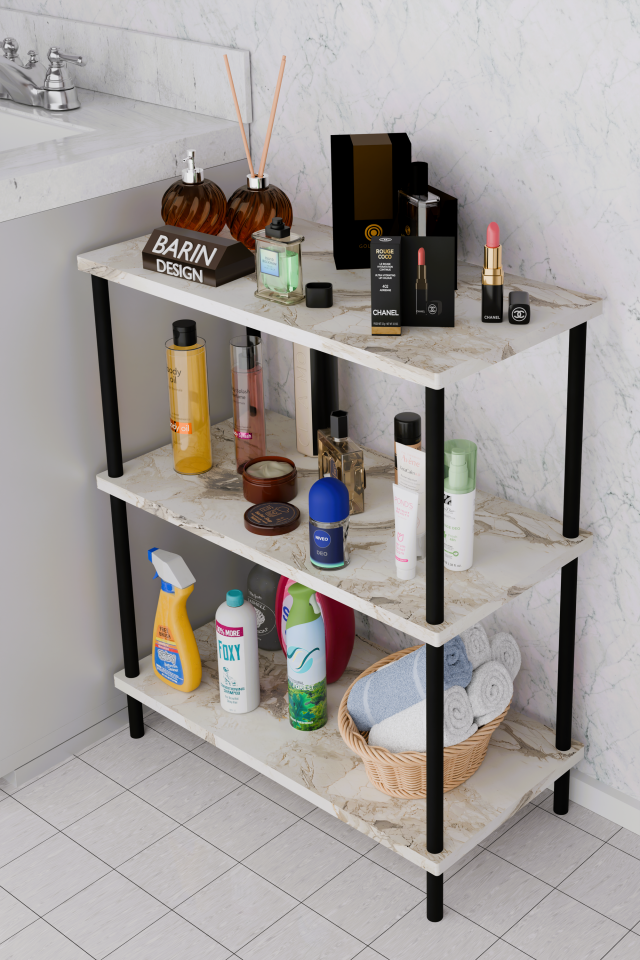 3 Raflı Çevir Kur Banyo Rafı Çok Amaçlı Düzenleyici Açık Raflı Dolap, Metal Gövdeli Organizer Raf Beyaz Mermer