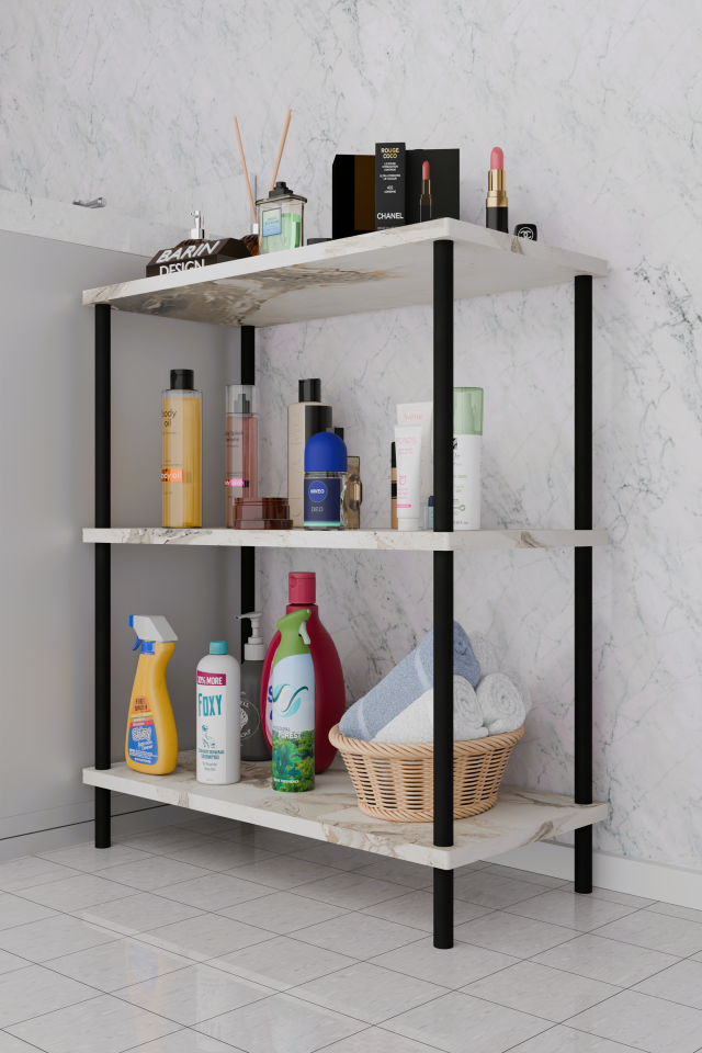 3 Raflı Çevir Kur Banyo Rafı Çok Amaçlı Düzenleyici Açık Raflı Dolap, Metal Gövdeli Organizer Raf Beyaz Mermer