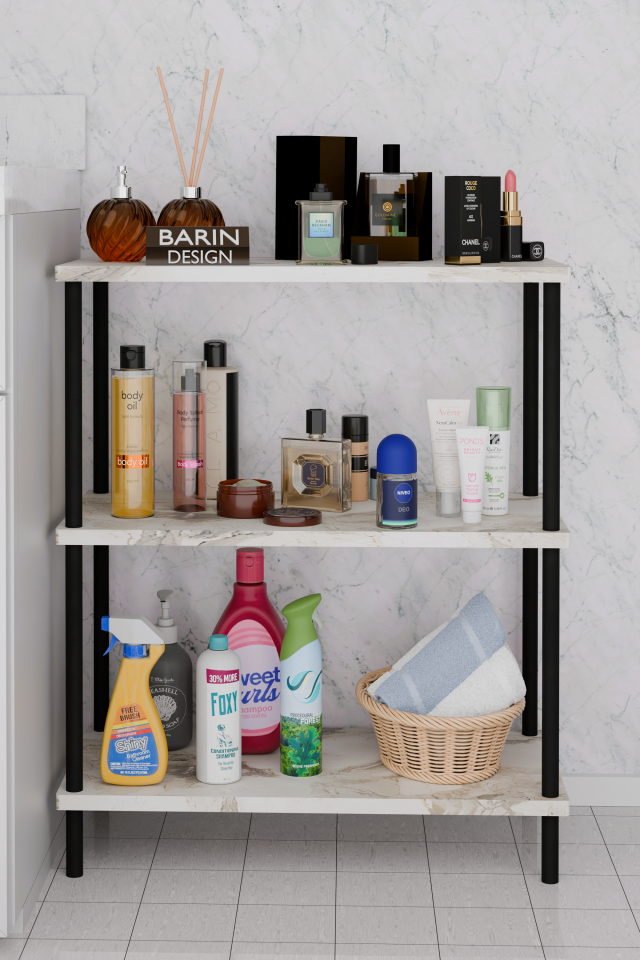 3 Raflı Çevir Kur Banyo Rafı Çok Amaçlı Düzenleyici Açık Raflı Dolap, Metal Gövdeli Organizer Raf Beyaz Mermer