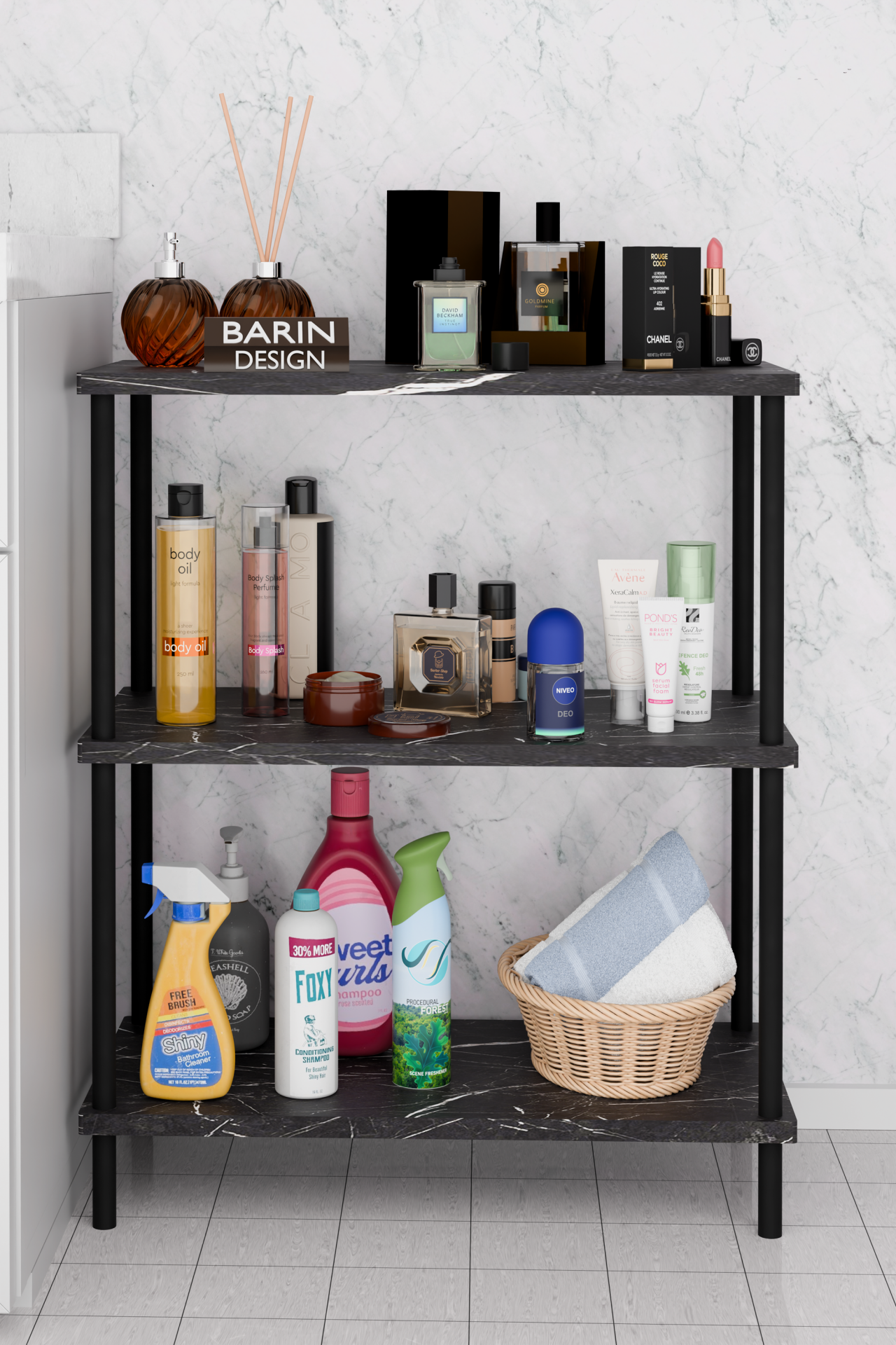 3 Raflı Çevir Kur Banyo Rafı Çok Amaçlı Düzenleyici Açık Raflı Dolap, Metal Gövdeli Organizer Raf Siyah Mermer