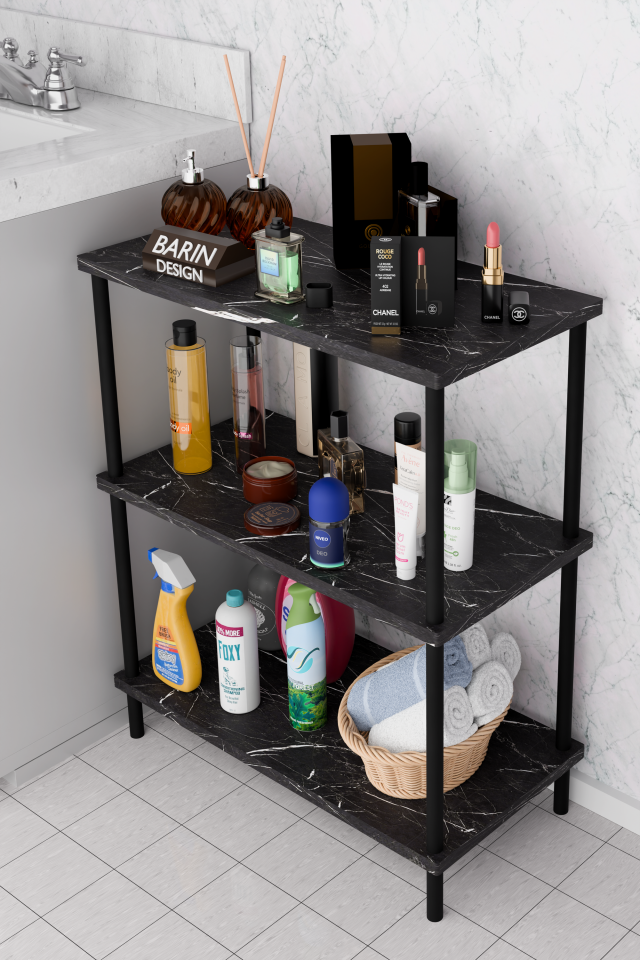 3 Raflı Çevir Kur Banyo Rafı Çok Amaçlı Düzenleyici Açık Raflı Dolap, Metal Gövdeli Organizer Raf Siyah Mermer