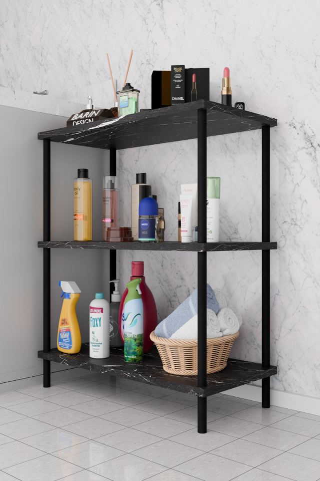 3 Raflı Çevir Kur Banyo Rafı Çok Amaçlı Düzenleyici Açık Raflı Dolap, Metal Gövdeli Organizer Raf Siyah Mermer