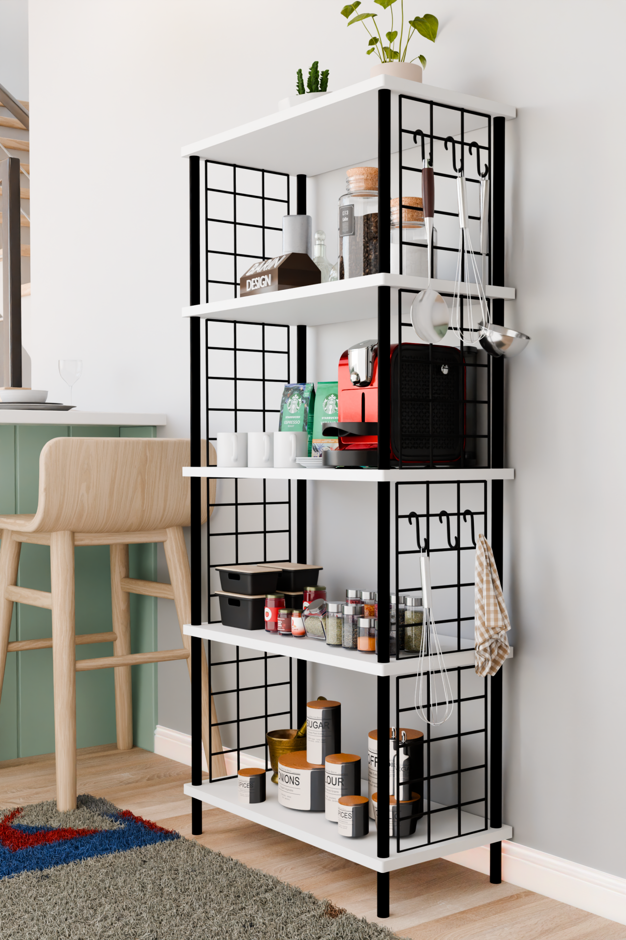 5 Raflı Çevir Kur Çok Amaçlı Raf – Tel Yan Panel, Açık Raf Sistemli Metal Gövdeli Organizer Dolap Beyaz