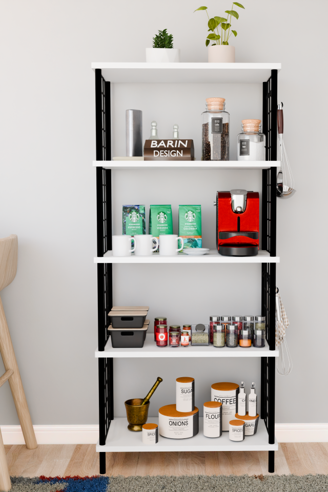 5 Raflı Çevir Kur Çok Amaçlı Raf – Tel Yan Panel, Açık Raf Sistemli Metal Gövdeli Organizer Dolap Beyaz