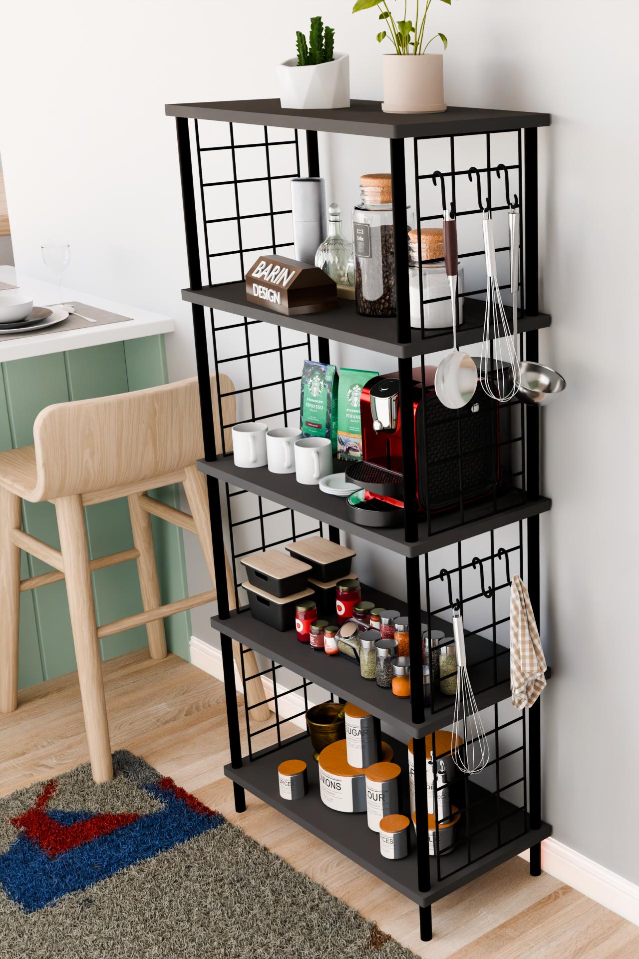 5 Raflı Çevir Kur Çok Amaçlı Raf – Tel Yan Panel, Açık Raf Sistemli Metal Gövdeli Organizer Dolap Antrasit