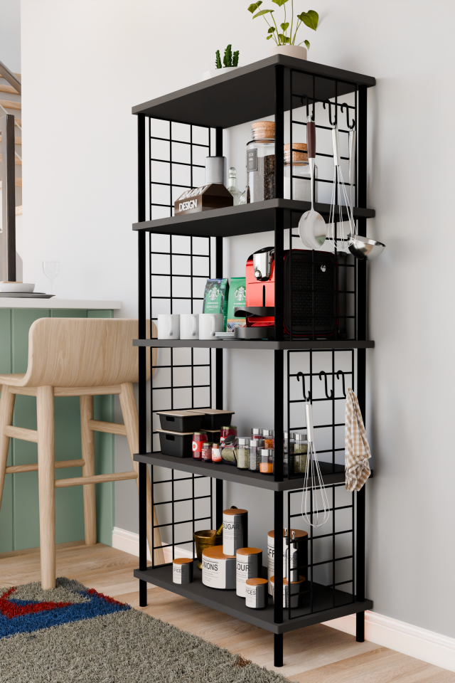 5 Raflı Çevir Kur Çok Amaçlı Raf – Tel Yan Panel, Açık Raf Sistemli Metal Gövdeli Organizer Dolap Antrasit