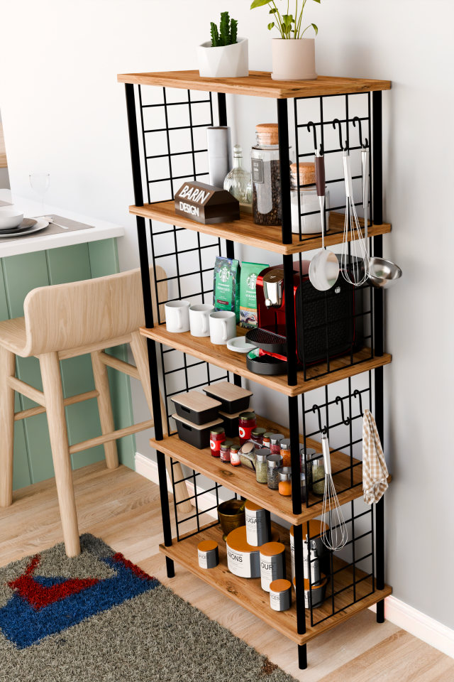 5 Raflı Çevir Kur Çok Amaçlı Raf – Tel Yan Panel, Açık Raf Sistemli Metal Gövdeli Organizer Dolap Atlantik Çam