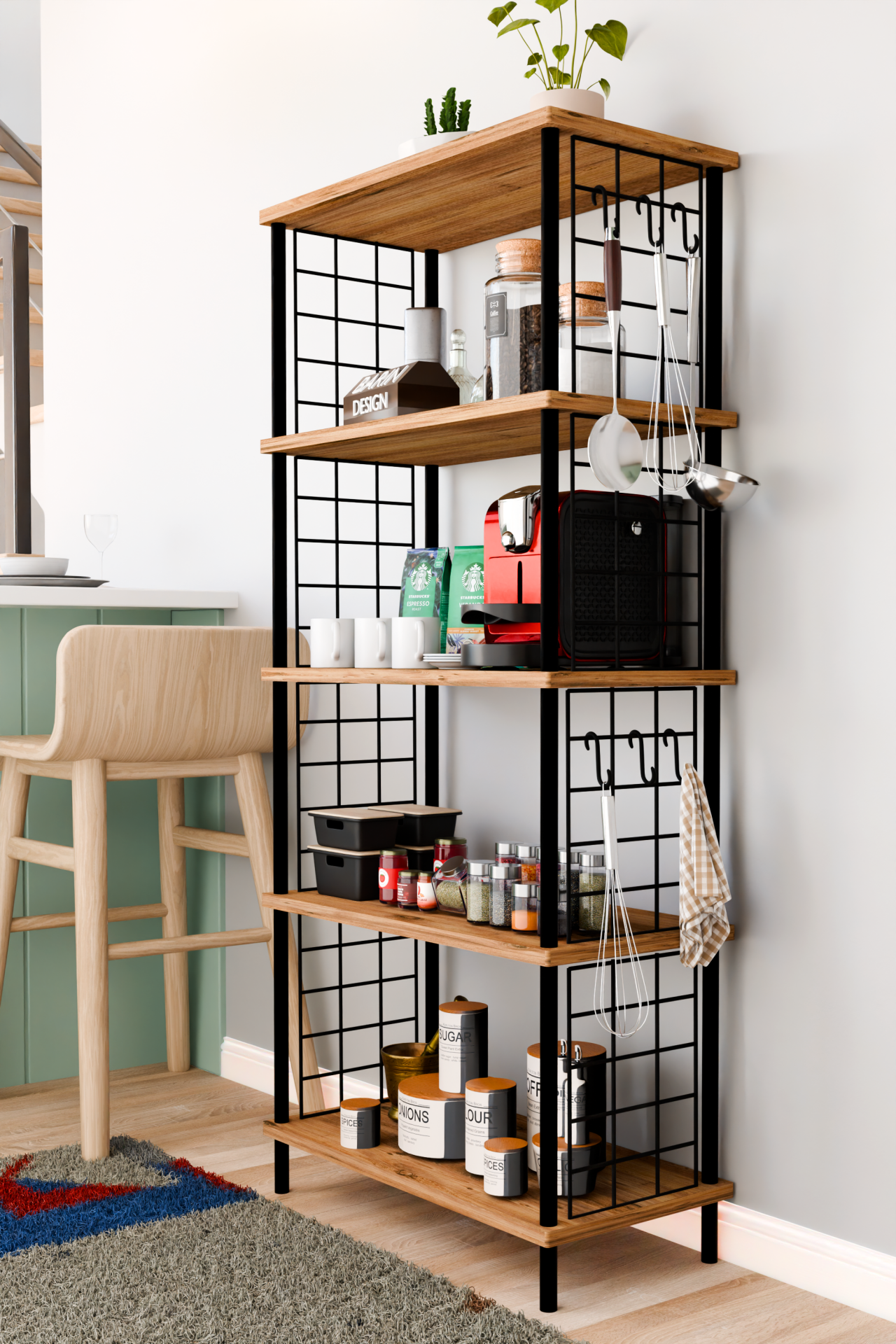 5 Raflı Çevir Kur Çok Amaçlı Raf – Tel Yan Panel, Açık Raf Sistemli Metal Gövdeli Organizer Dolap Atlantik Çam