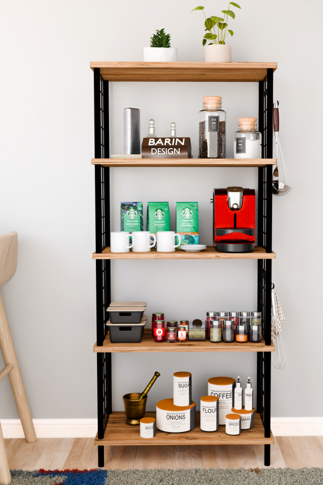 5 Raflı Çevir Kur Çok Amaçlı Raf – Tel Yan Panel, Açık Raf Sistemli Metal Gövdeli Organizer Dolap Atlantik Çam