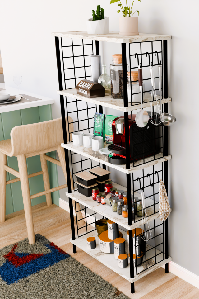 Barın Design 5 Raflı Çevir Kur Çok Amaçlı Raf – Tel Yan Panel, Açık Raf Sistemli Metal Gövdeli Organizer Dolap Beyaz Mermer