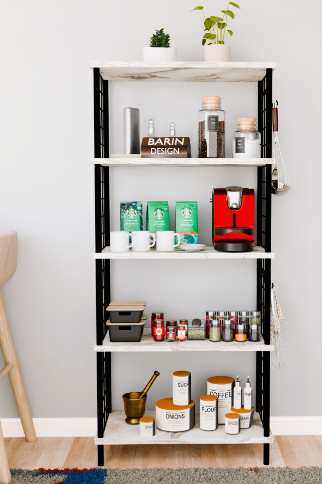 5 Raflı Çevir Kur Çok Amaçlı Raf – Tel Yan Panel, Açık Raf Sistemli Metal Gövdeli Organizer Dolap Beyaz Mermer