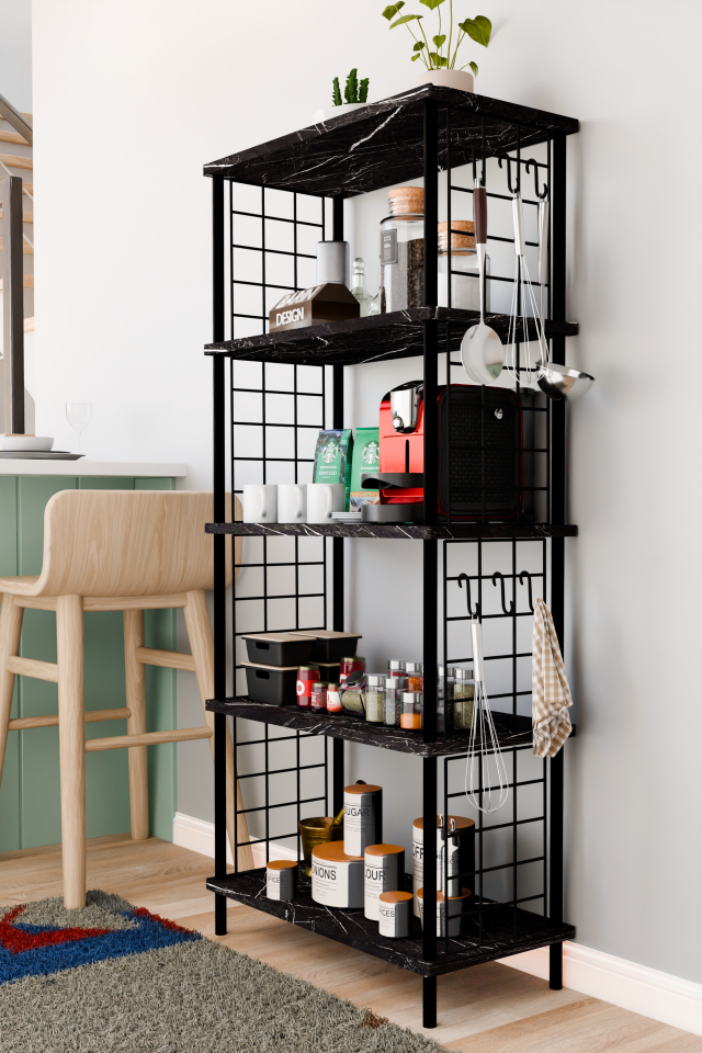 5 Raflı Çevir Kur Çok Amaçlı Raf – Tel Yan Panel, Açık Raf Sistemli Metal Gövdeli Organizer Dolap Siyah Mermer