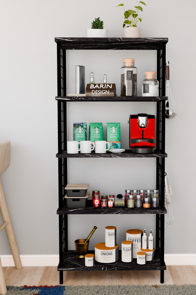 5 Raflı Çevir Kur Çok Amaçlı Raf – Tel Yan Panel, Açık Raf Sistemli Metal Gövdeli Organizer Dolap Siyah Mermer