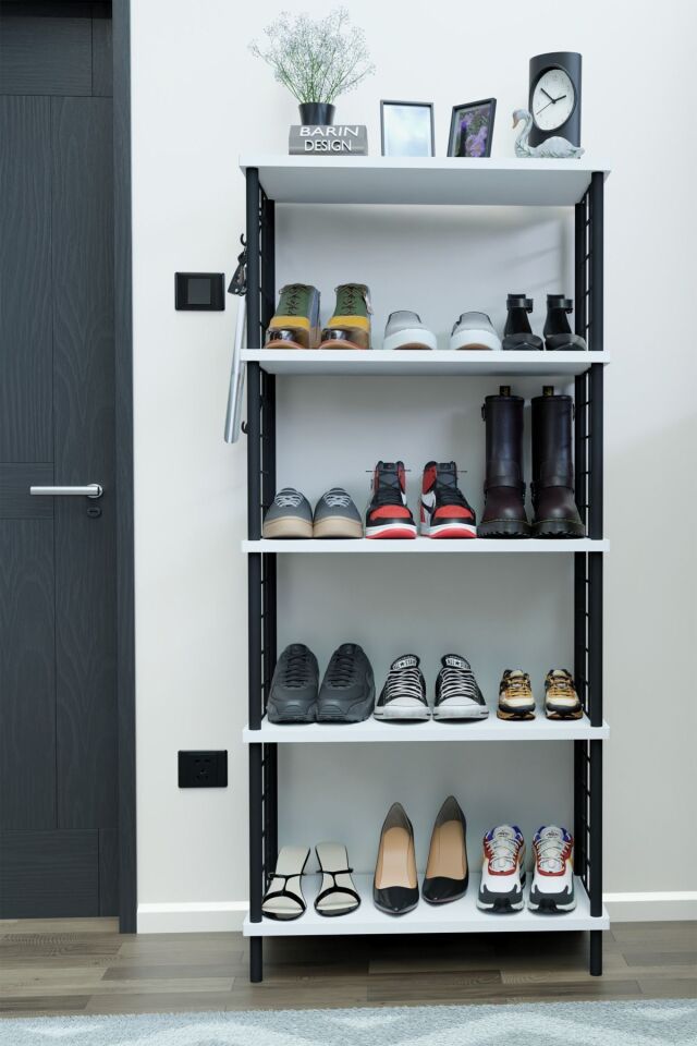 Barın Design 5 Raflı Telli Çevir Kur Çok Amaçlı Ayakkabılık ve Düzenleyici Raf Ünitesi Antre, Banyo, Balkon, Ofis Beyaz
