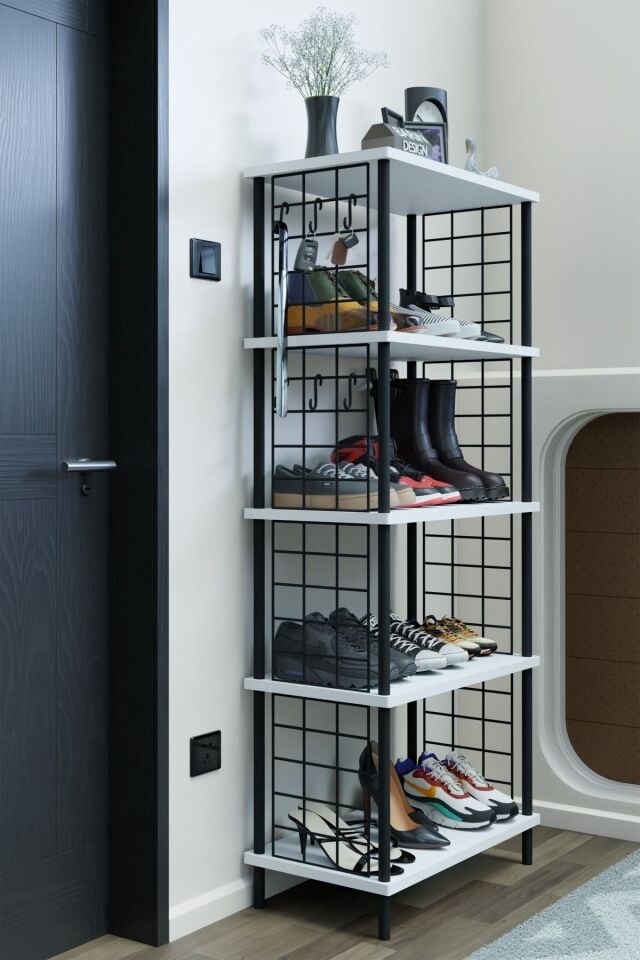 5 Raflı Telli Çevir Kur Çok Amaçlı Ayakkabılık ve Düzenleyici Raf Ünitesi Antre, Banyo, Balkon, Ofis Beyaz