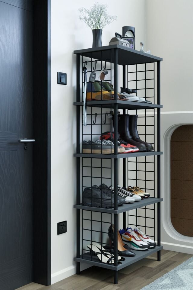 5 Raflı Telli Çevir Kur Çok Amaçlı Ayakkabılık ve Düzenleyici Raf Ünitesi Antre, Banyo, Balkon, Ofis Antrasit