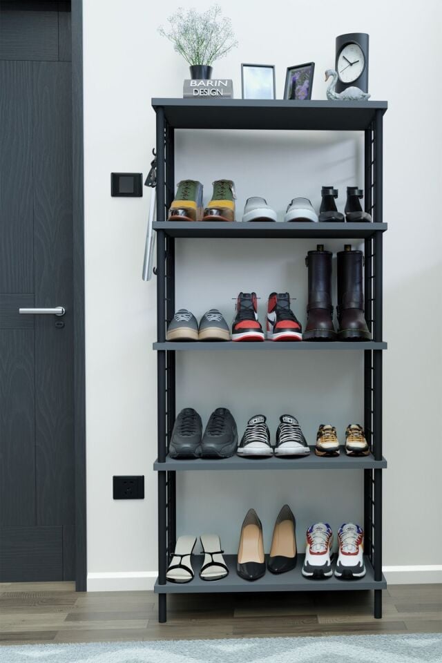 5 Raflı Telli Çevir Kur Çok Amaçlı Ayakkabılık ve Düzenleyici Raf Ünitesi Antre, Banyo, Balkon, Ofis Antrasit