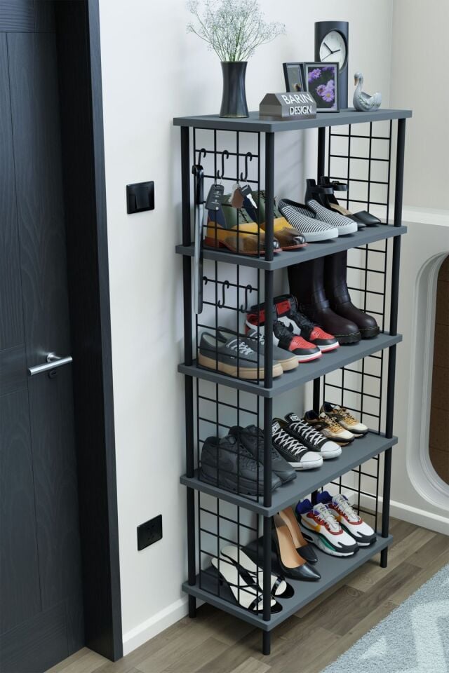 5 Raflı Telli Çevir Kur Çok Amaçlı Ayakkabılık ve Düzenleyici Raf Ünitesi Antre, Banyo, Balkon, Ofis Antrasit