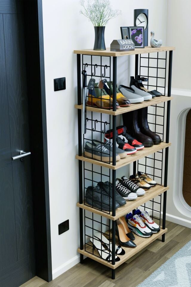 5 Raflı Telli Çevir Kur Çok Amaçlı Ayakkabılık ve Düzenleyici Raf Ünitesi Antre, Banyo, Balkon, Ofis Atlantik Çam