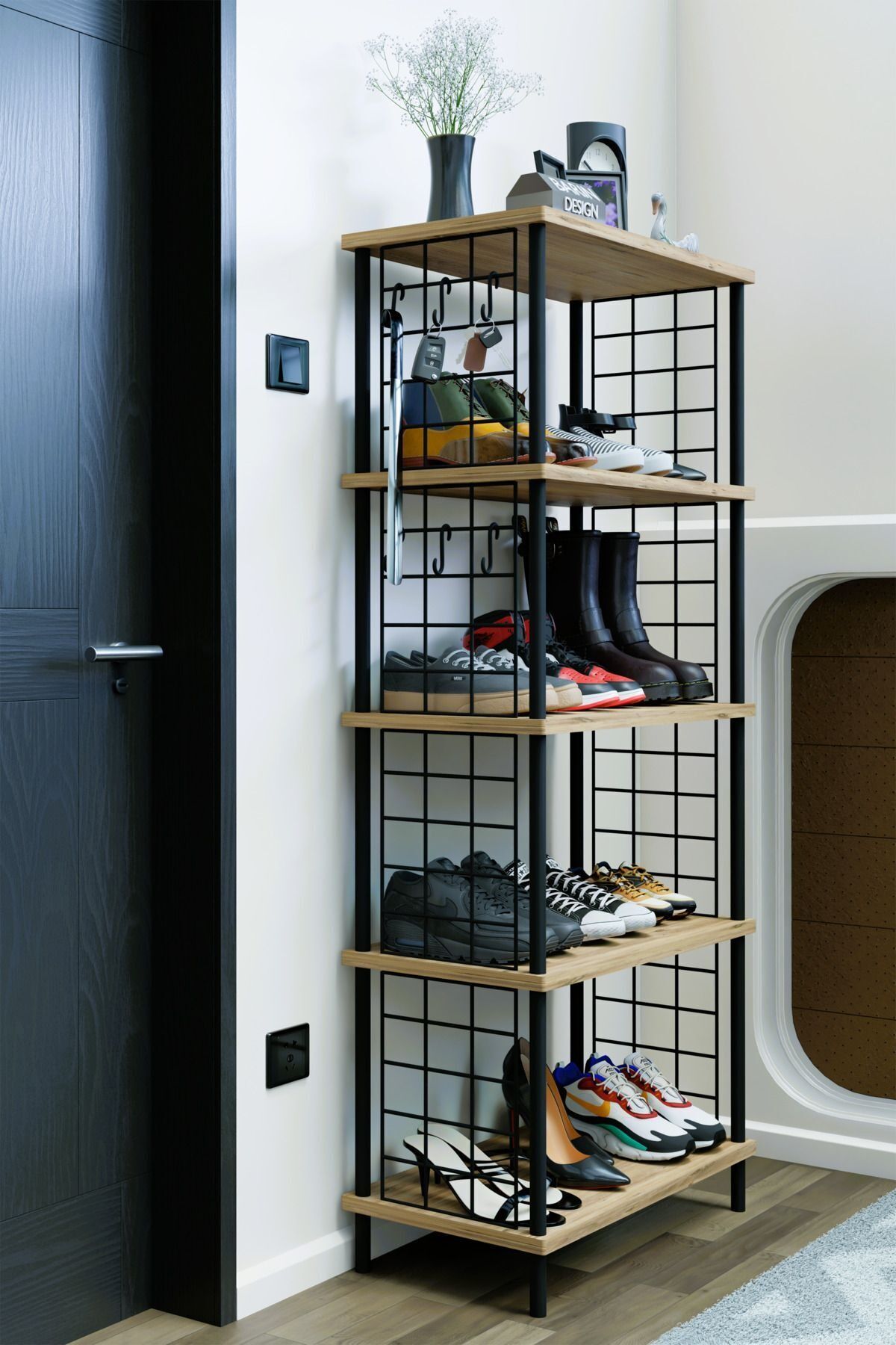 5 Raflı Telli Çevir Kur Çok Amaçlı Ayakkabılık ve Düzenleyici Raf Ünitesi Antre, Banyo, Balkon, Ofis Atlantik Çam