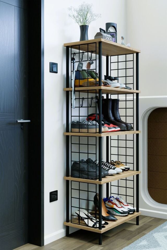 5 Raflı Telli Çevir Kur Çok Amaçlı Ayakkabılık ve Düzenleyici Raf Ünitesi Antre, Banyo, Balkon, Ofis Atlantik Çam