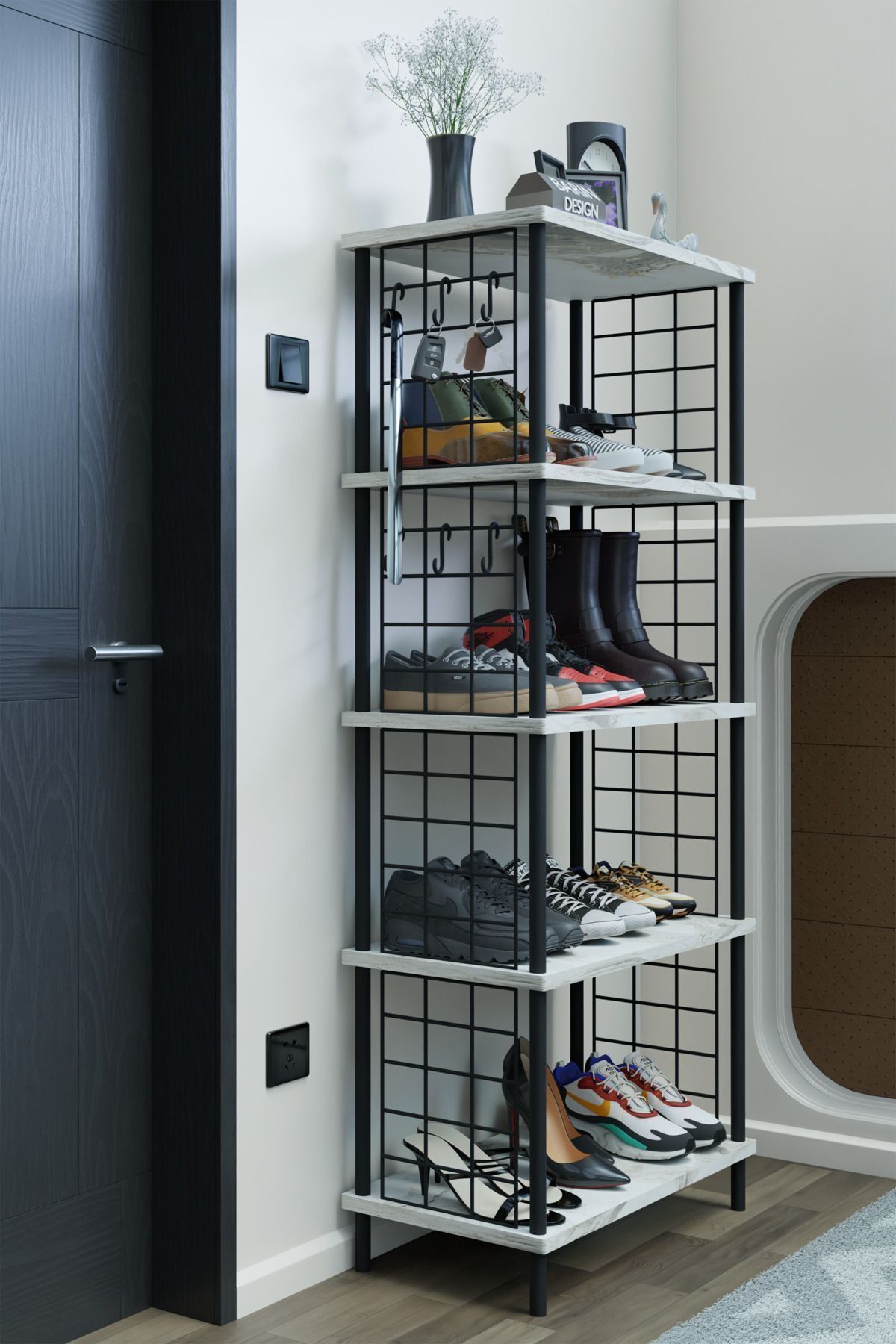 5 Raflı Telli Çevir Kur Çok Amaçlı Ayakkabılık ve Düzenleyici Raf Ünitesi Antre, Banyo, Balkon, Ofis Beyaz Mermer