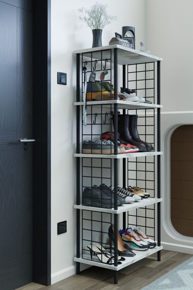 5 Raflı Telli Çevir Kur Çok Amaçlı Ayakkabılık ve Düzenleyici Raf Ünitesi Antre, Banyo, Balkon, Ofis Beyaz Mermer