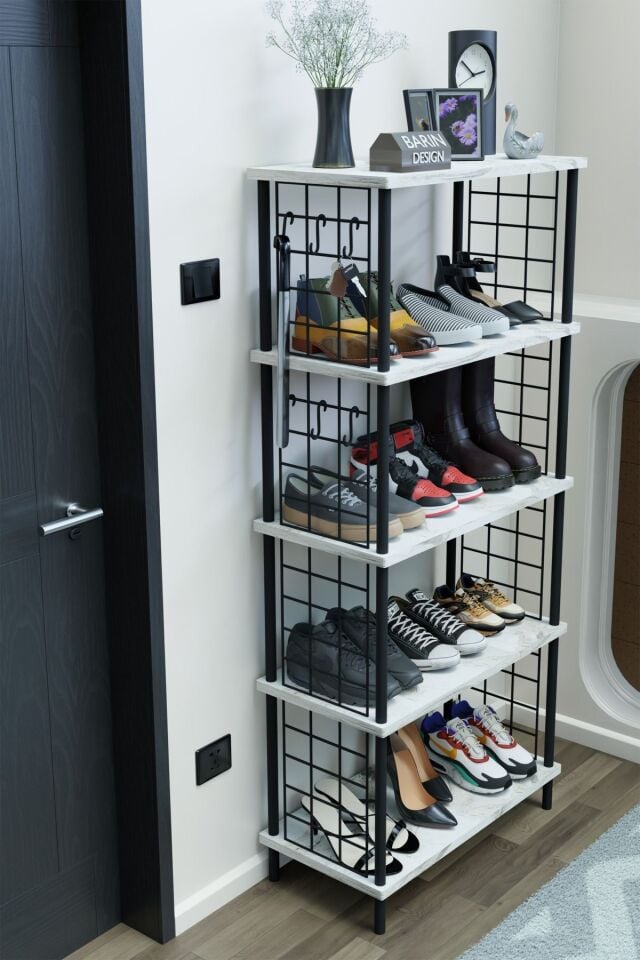 5 Raflı Telli Çevir Kur Çok Amaçlı Ayakkabılık ve Düzenleyici Raf Ünitesi Antre, Banyo, Balkon, Ofis Beyaz Mermer