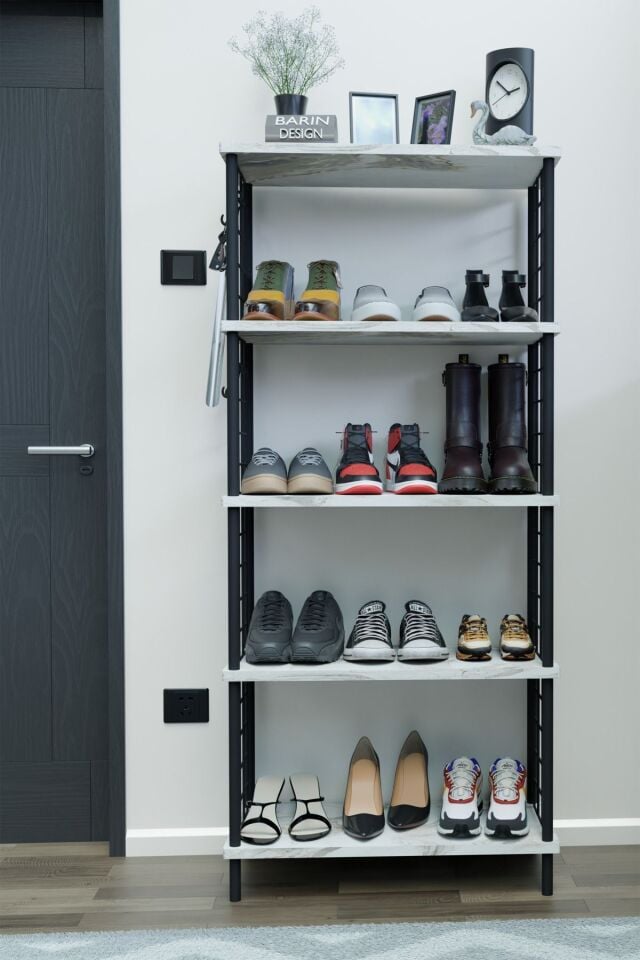 5 Raflı Telli Çevir Kur Çok Amaçlı Ayakkabılık ve Düzenleyici Raf Ünitesi Antre, Banyo, Balkon, Ofis Beyaz Mermer