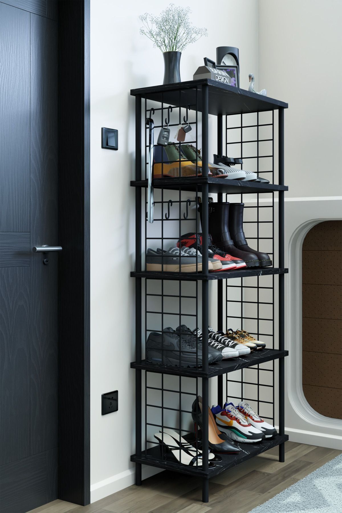 5 Raflı Telli Çevir Kur Çok Amaçlı Ayakkabılık ve Düzenleyici Raf Ünitesi Antre, Banyo, Balkon, Ofis Siyah Mermer