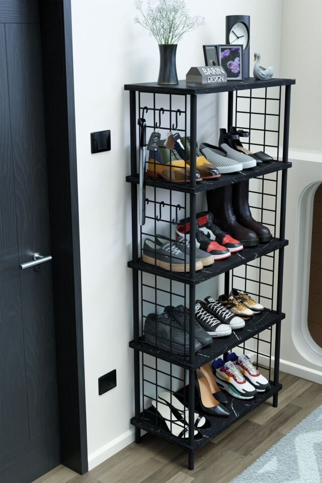 5 Raflı Telli Çevir Kur Çok Amaçlı Ayakkabılık ve Düzenleyici Raf Ünitesi Antre, Banyo, Balkon, Ofis Siyah Mermer