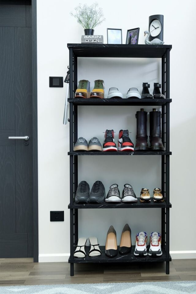 5 Raflı Telli Çevir Kur Çok Amaçlı Ayakkabılık ve Düzenleyici Raf Ünitesi Antre, Banyo, Balkon, Ofis Siyah Mermer