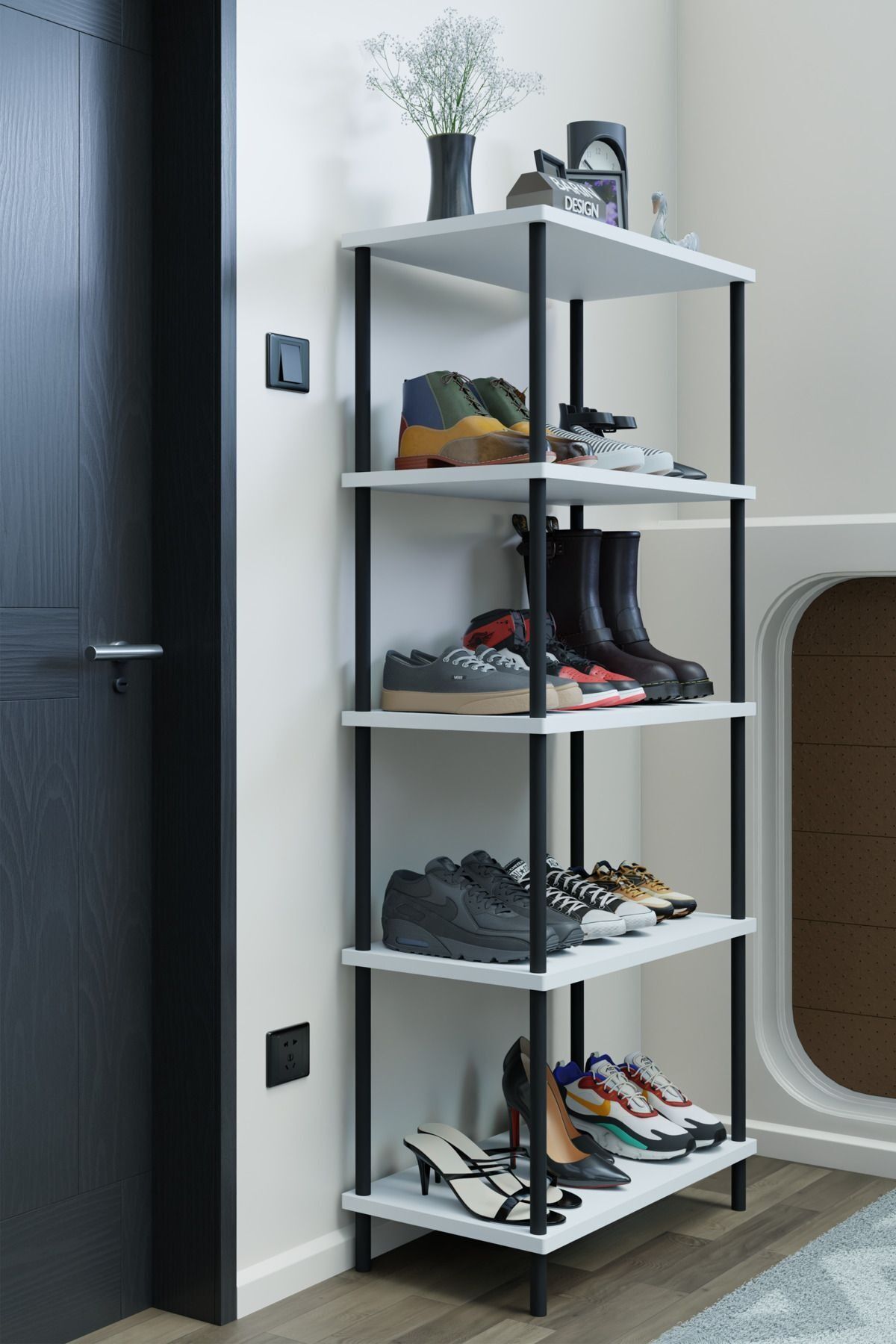 5 Raflı Çevir-Kur Ayakkabılık Metal Gövde Çok Amaçlı Raf Ünitesi Antre, Balkon, Banyo Uyumlu Dolap Beyaz