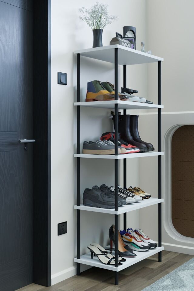 5 Raflı Çevir-Kur Ayakkabılık Metal Gövde Çok Amaçlı Raf Ünitesi Antre, Balkon, Banyo Uyumlu Dolap Beyaz