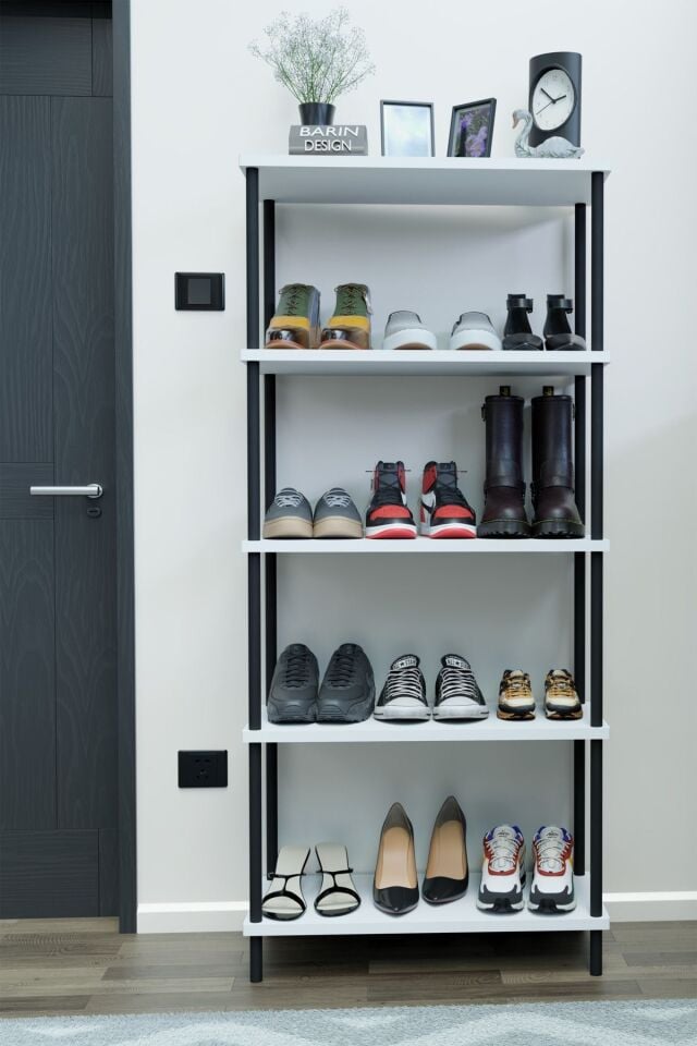 5 Raflı Çevir-Kur Ayakkabılık Metal Gövde Çok Amaçlı Raf Ünitesi Antre, Balkon, Banyo Uyumlu Dolap Beyaz