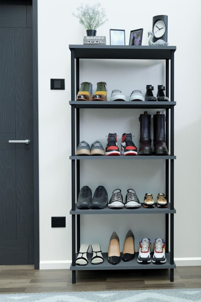 5 Raflı Çevir-Kur Ayakkabılık Metal Gövde Çok Amaçlı Raf Ünitesi Antre, Balkon, Banyo Uyumlu Dolap Antrasit