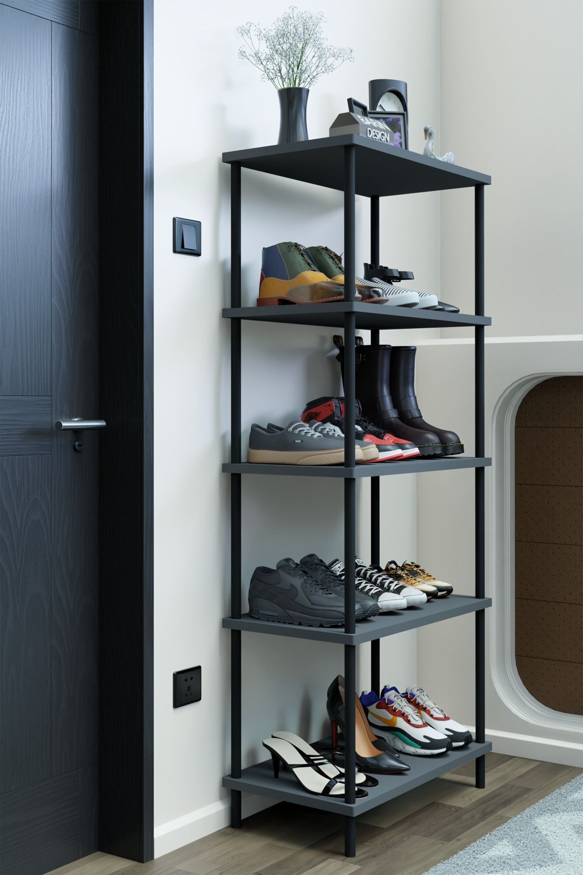 5 Raflı Çevir-Kur Ayakkabılık Metal Gövde Çok Amaçlı Raf Ünitesi Antre, Balkon, Banyo Uyumlu Dolap Antrasit