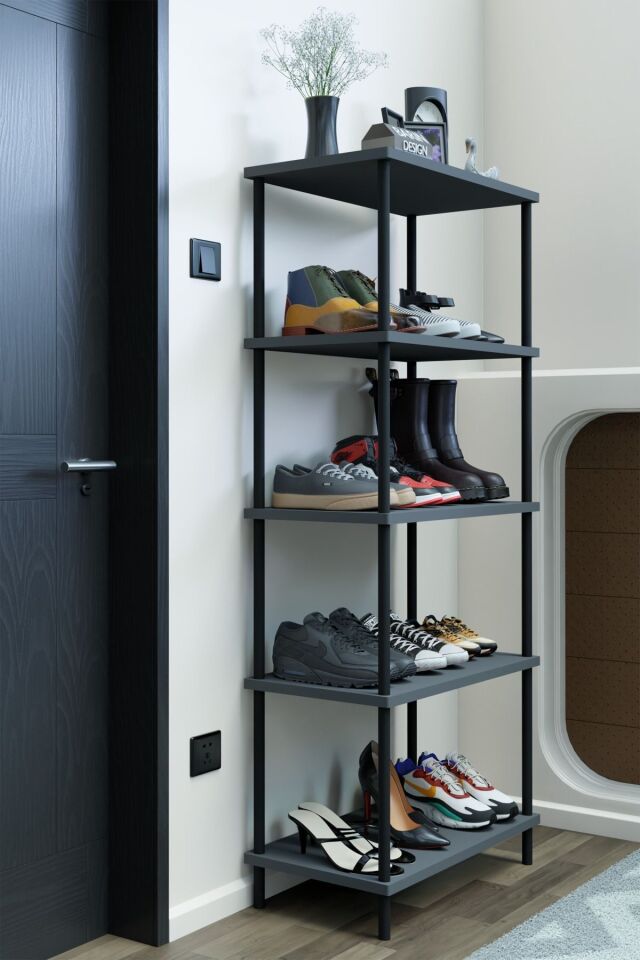 5 Raflı Çevir-Kur Ayakkabılık Metal Gövde Çok Amaçlı Raf Ünitesi Antre, Balkon, Banyo Uyumlu Dolap Antrasit
