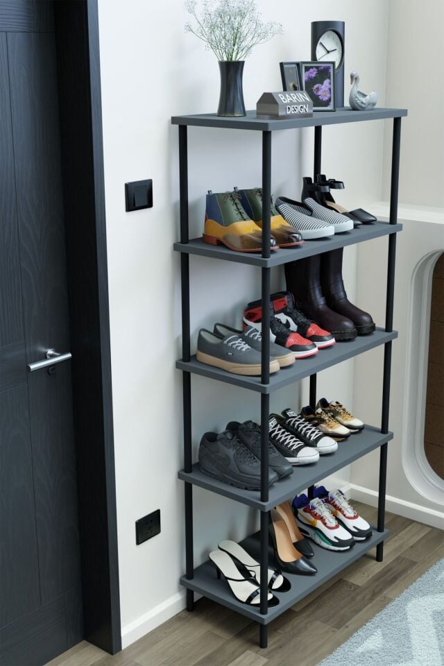 5 Raflı Çevir-Kur Ayakkabılık Metal Gövde Çok Amaçlı Raf Ünitesi Antre, Balkon, Banyo Uyumlu Dolap Antrasit