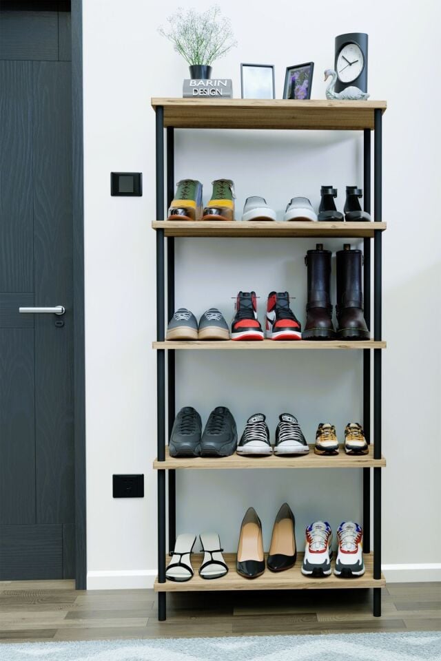 5 Raflı Çevir-Kur Ayakkabılık Metal Gövde Çok Amaçlı Raf Ünitesi Antre, Balkon, Banyo Uyumlu Dolap Atlantik Çam