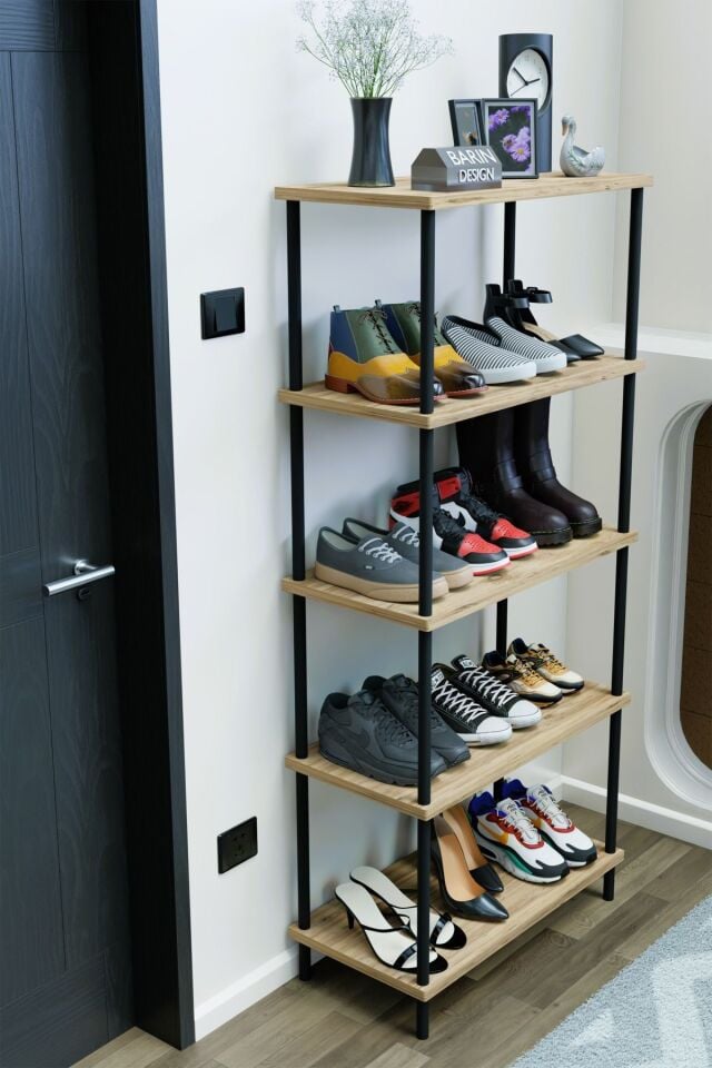 5 Raflı Çevir-Kur Ayakkabılık Metal Gövde Çok Amaçlı Raf Ünitesi Antre, Balkon, Banyo Uyumlu Dolap Atlantik Çam