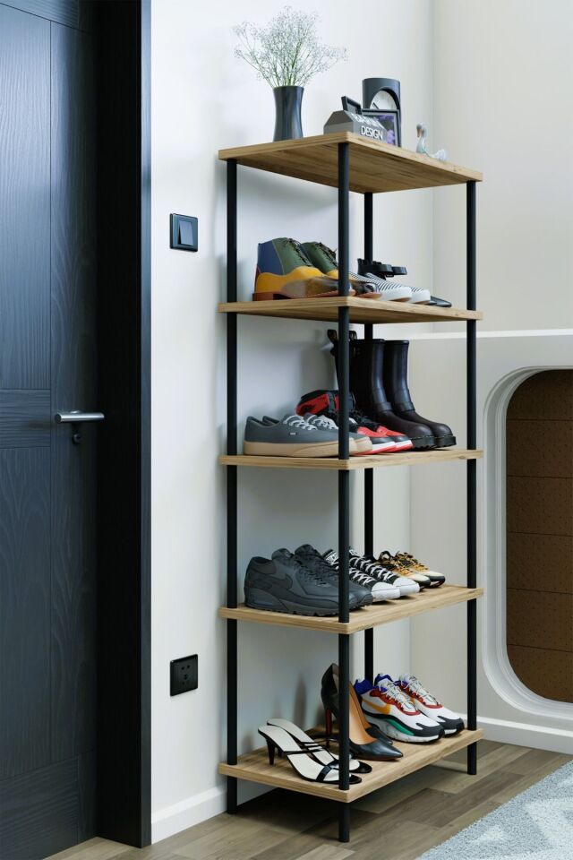 5 Raflı Çevir-Kur Ayakkabılık Metal Gövde Çok Amaçlı Raf Ünitesi Antre, Balkon, Banyo Uyumlu Dolap Atlantik Çam