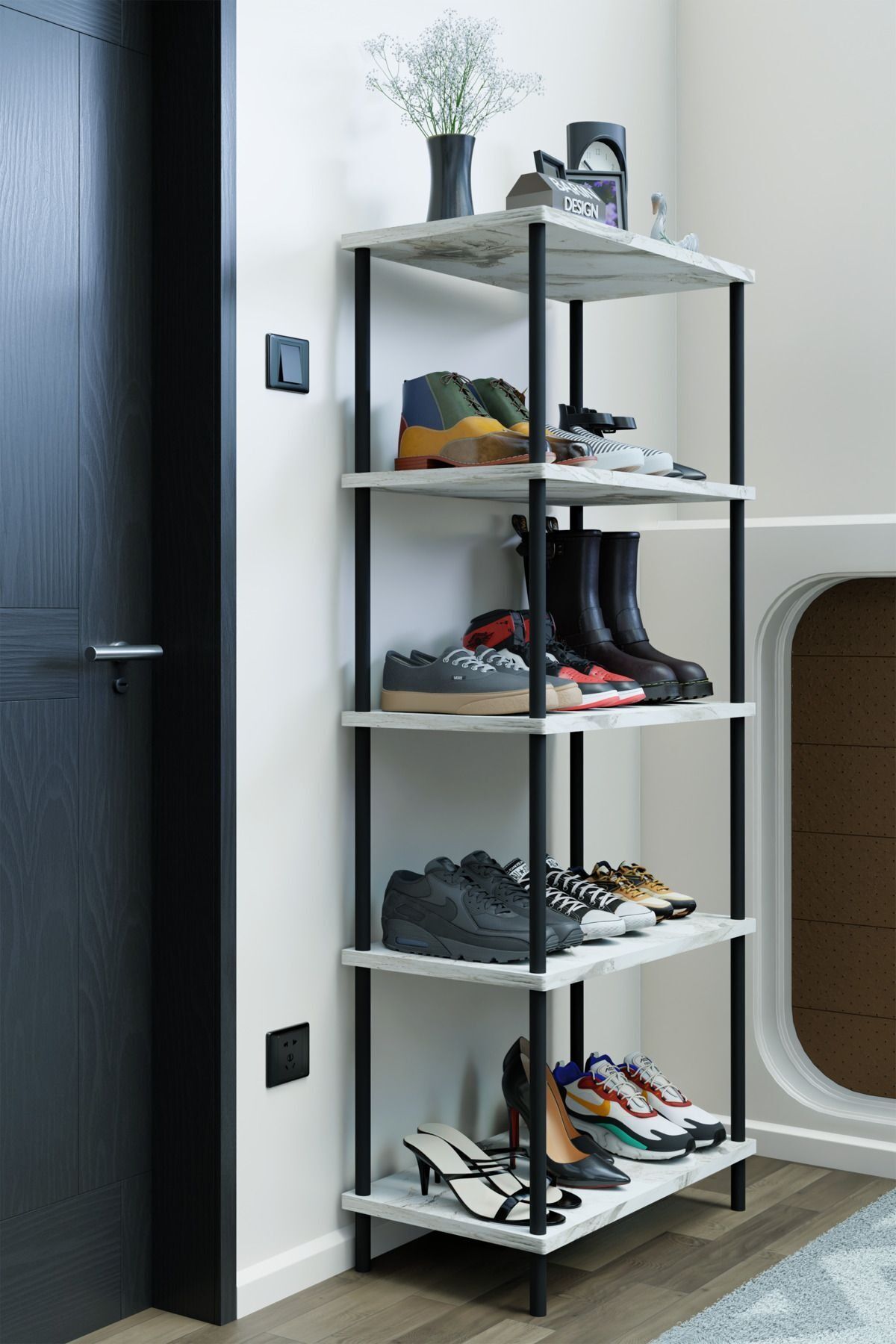 5 Raflı Çevir-Kur Ayakkabılık Metal Gövde Çok Amaçlı Raf Ünitesi Antre, Balkon, Banyo Uyumlu Dolap Beyaz Mermer